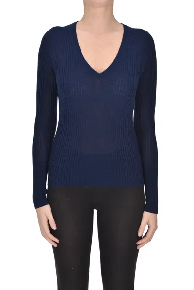 360cashmere V-neck Rib Knit Sweater In Navy Blue