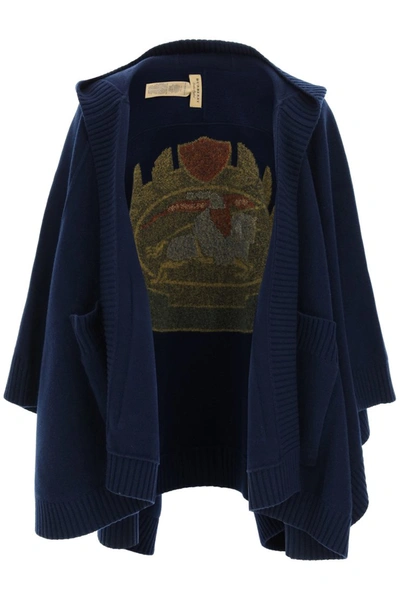 Burberry Crest Wool Blend Jacquard Hooded Cape In Navy In Blue