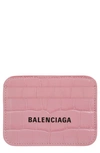 Balenciaga Cash Logo Croc Embossed Leather Card Case In Pink/ Black
