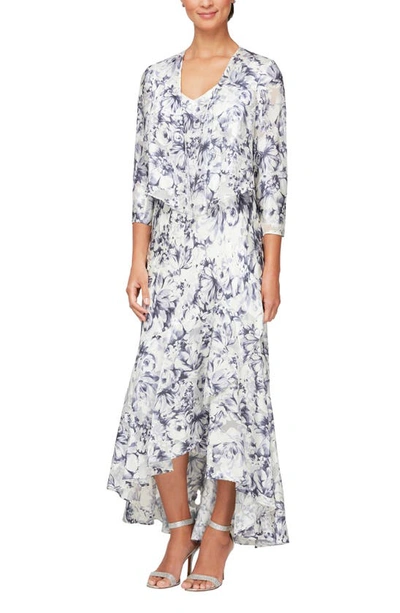 Alex Evenings Floral Print Chiffon Gown With Jacket In Ivory/ Purple