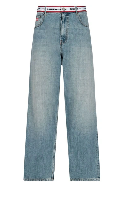 Balenciaga Denim Jeans With Logo Band In Blu