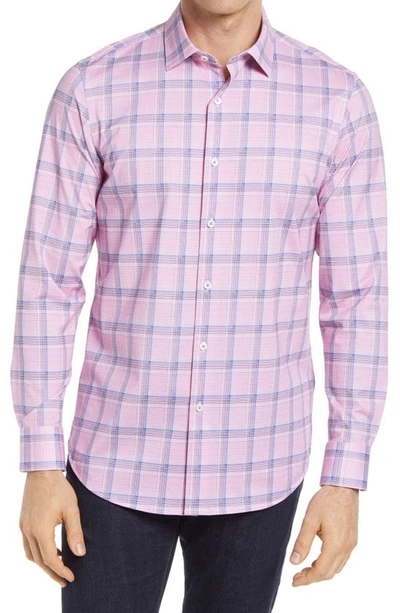 Bugatchi Tech Dupplin Check Knit Stretch Cotton Button-up Shirt In Pink