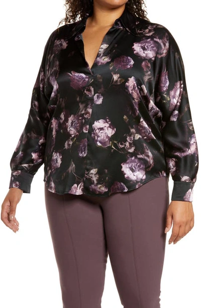 Vince Night Garden Floral Silk Blouse In Black