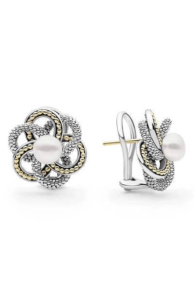 Lagos Sterling Silver & 18k Yellow Gold Luna Love Knot Cultured Freshwater Pearl Stud Earrings In Pearl/ Silver