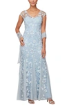 ALEX EVENINGS FLORAL EMBROIDERED A-LINE GOWN WITH SHAWL,82122425DNU