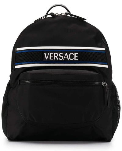 Versace Logo Stripe Backpack In Black