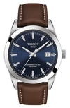 Tissot T-classic Powermatic 80 Leather Strap Watch, 40mm In Brown/ Blue/ Silver