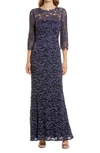 Eliza J Lace Bateau Neck Mermaid Gown In Navy