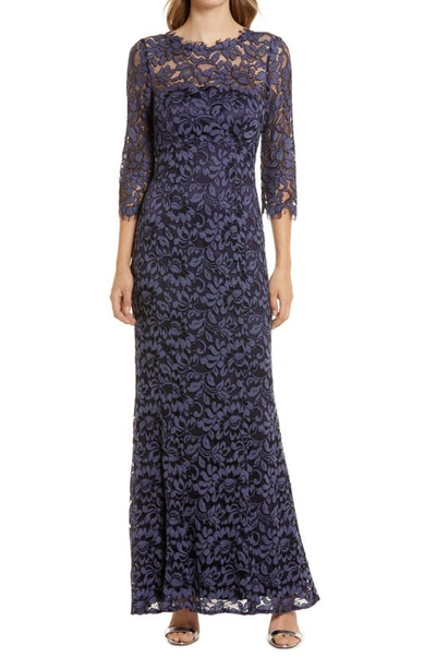 Eliza J Lace Bateau Neck Mermaid Gown In Navy