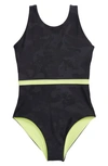 Zella Girl Kids' Reversible Journey One-piece Swimsuit In Grey Depths Say My Name Camo