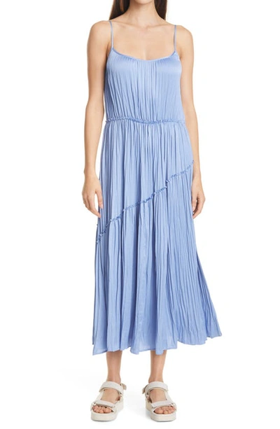 Vince Tiered Asymmetric Midi Satin Dress In Blue