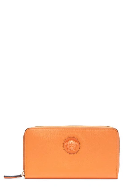 Versace La Medusa Zip Around Leather Wallet In Orange