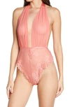 Oh La La Cheri Oh La La Aria Mesh Plunge Halter Teddy In Tea Rose