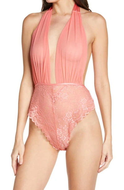 Oh La La Cheri Oh La La Aria Mesh Plunge Halter Teddy In Tea Rose