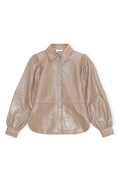 Ganni Leather Oversize Bomber Jacket In Fossil