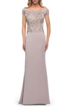 La Femme Lace Off The Shoulder Top Chic Satin Gown In Light Taupe