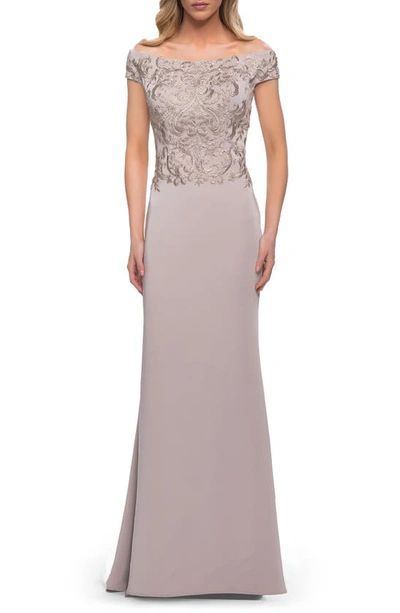 La Femme Lace Off The Shoulder Top Chic Satin Gown In Light Taupe