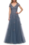 La Femme Tulle A Line Gown With Lace Applique And V Neck In Slate