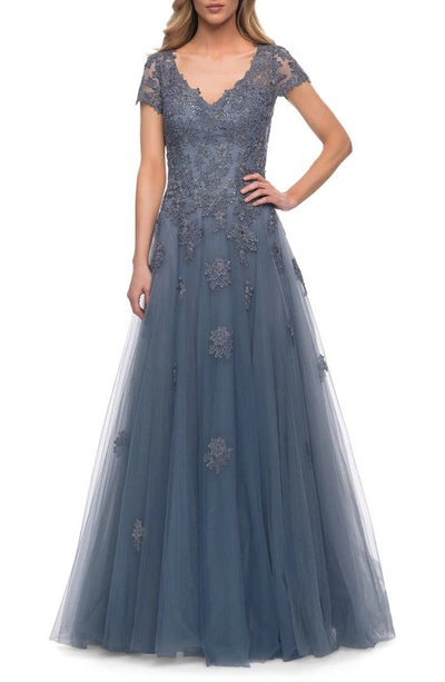 La Femme Tulle A Line Gown With Lace Applique And V Neck In Slate