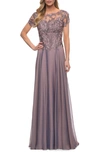La Femme Floral Embroidery Chiffon Column Gown In Dark Mauve