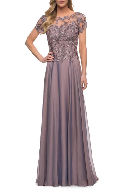 La Femme Floral Embroidery Chiffon Column Gown In Dark Mauve