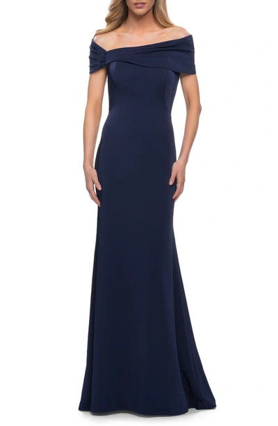 La Femme Simply Chic Off The Shoulder Jersey Gown In Blue