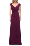 La Femme Ruched Jersey Sheath Gown In Emerald