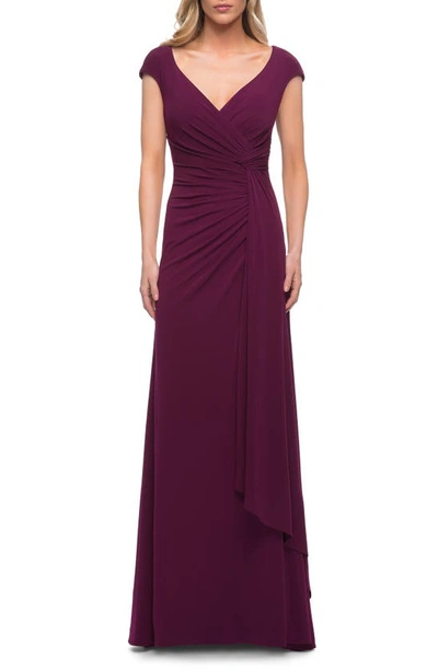 La Femme Ruched Jersey Sheath Gown In Emerald