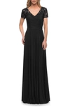 La Femme Floral Embroidered Sheath Gown In Black