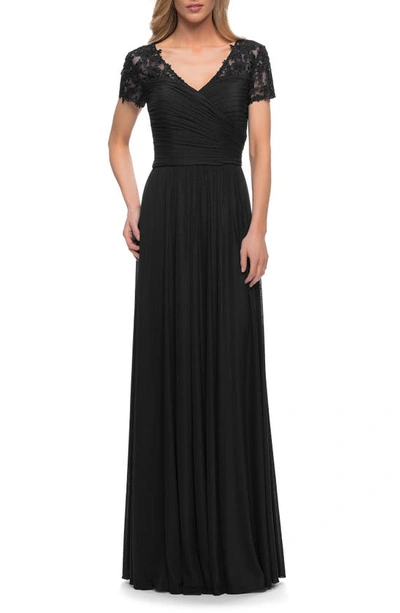 La Femme Floral Embroidered Sheath Gown In Black