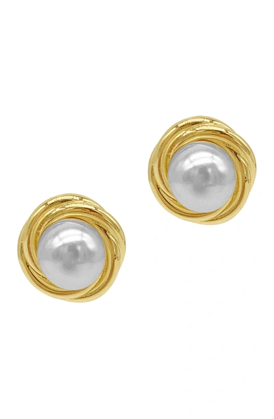Adornia 14k Yellow Gold Plated Imitation Pearl Stud Earrings In Yellow Gold-tone,white