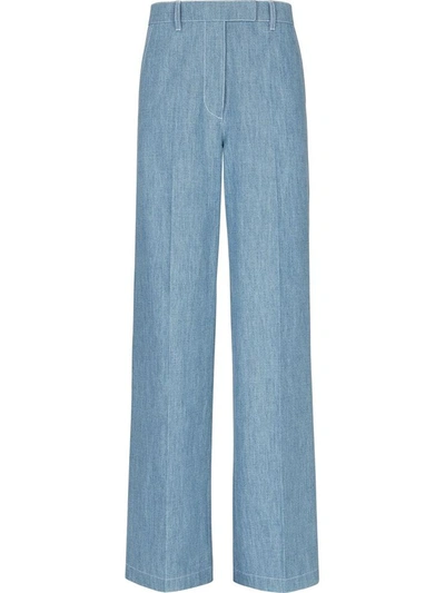 Fendi Wide-leg Cotton Chambray Trousers In Azure