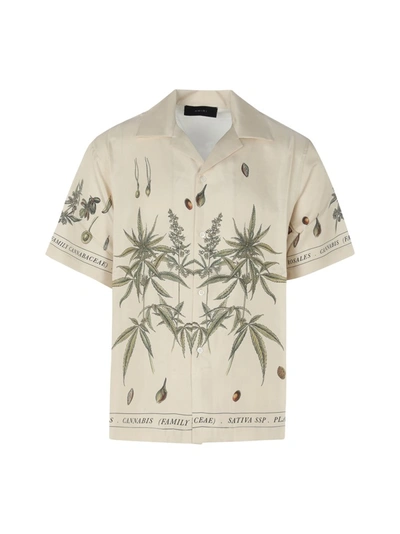 Amiri Beige Silk Botanical Leaves Short Sleeve Shirt In Nude & Neutrals