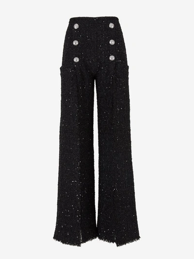 Balmain High Waist Tweed Trousers In Black