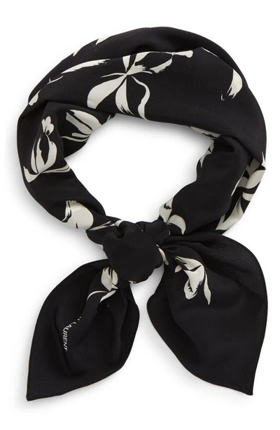 Saint Laurent Orchid Print Silk Scarf In Black/ White