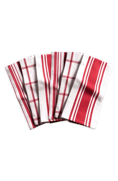 Kaf Home Set Of 6 Stripe & Check Cotton Pantry Towels In Cherry