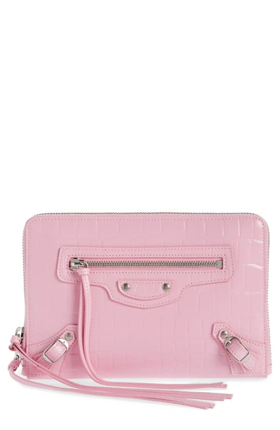 Balenciaga Neo Classic Croc Embossed Leather Crossbody Pouch In Pink