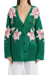Valentino Green Floral-embroidered Open-knit Cardigan In Multicolor Green Ir0