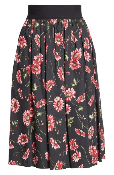 Adam Lippes Floral Print Elastic Waist Poplin Midi Skirt In Black Floral