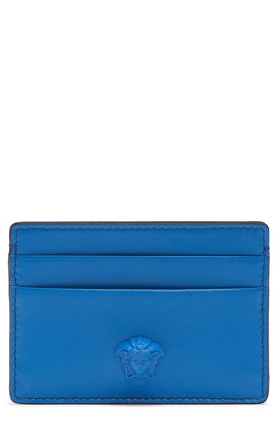 Versace Medusa Leather Card Case In Blue/ Blue/  Gold