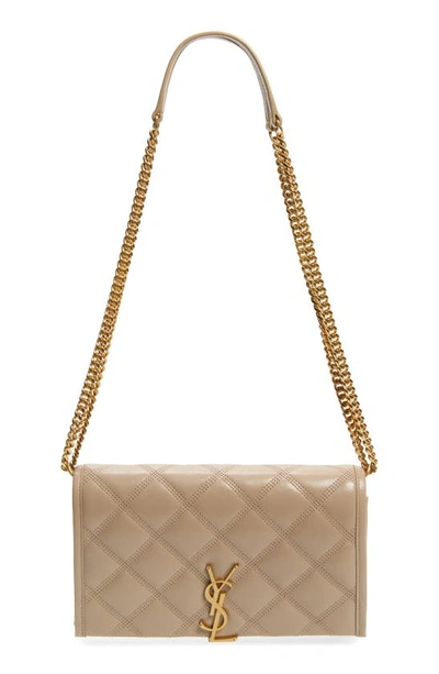 Saint Laurent Becky Diamond Quilted Leather Wallet On A Chain In Dark Beige