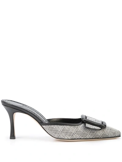 Manolo Blahnik Maysale 50 Buckled Leather-trimmed Woven Mules In Silver