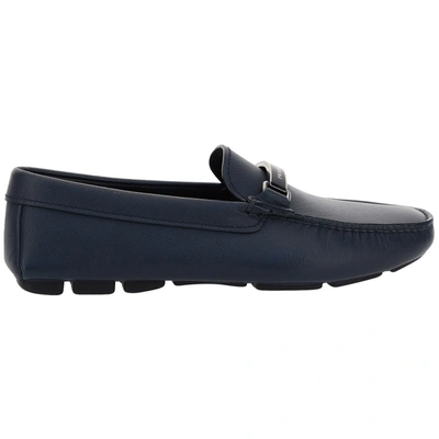 Prada Men's Leather Loafers Moccasins In Blue