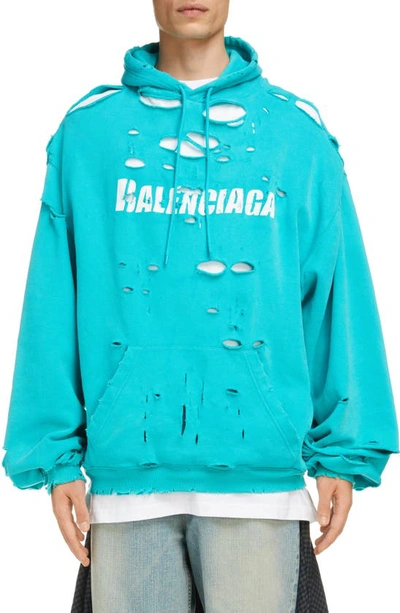 Balenciaga Logo Destroyed Cotton Hoodie In Blue