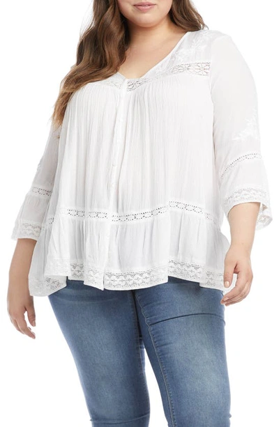 Karen Kane Embroidered Lace Inset Bell Sleeve Top In White