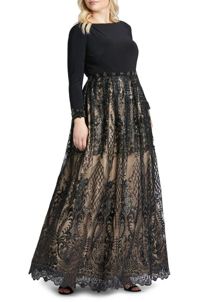 Mac Duggal Damask Lace Long Sleeve A-line Ballgown In Black Beige