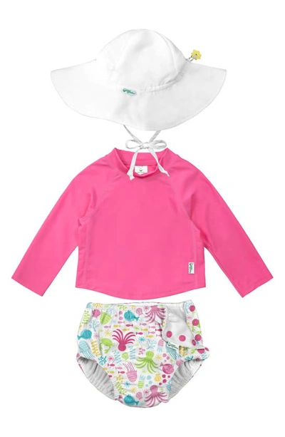 Green Sprouts Sun Hat, Long Sleeve Rashguard & Reusable Swim Diaper Set In Pink
