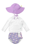 Green Sprouts Babies' Sun Hat, Long Sleeve Rashguard & Reusable Swim Diaper Set In Purple