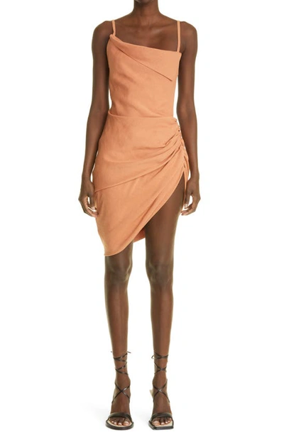 Jacquemus La Robe Saudade Asymmetrical Open Back Hemp Blend Minidress In Terracotta