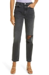 Re/done '70s High Waist Distressed Straight Leg Jeans In Washed Black